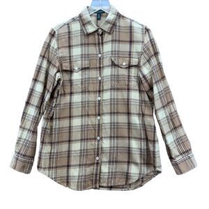 LRL Lauren Jeans Co. Womens Button‎ Down Plaid Shirt Size Medium Tan Countryside
